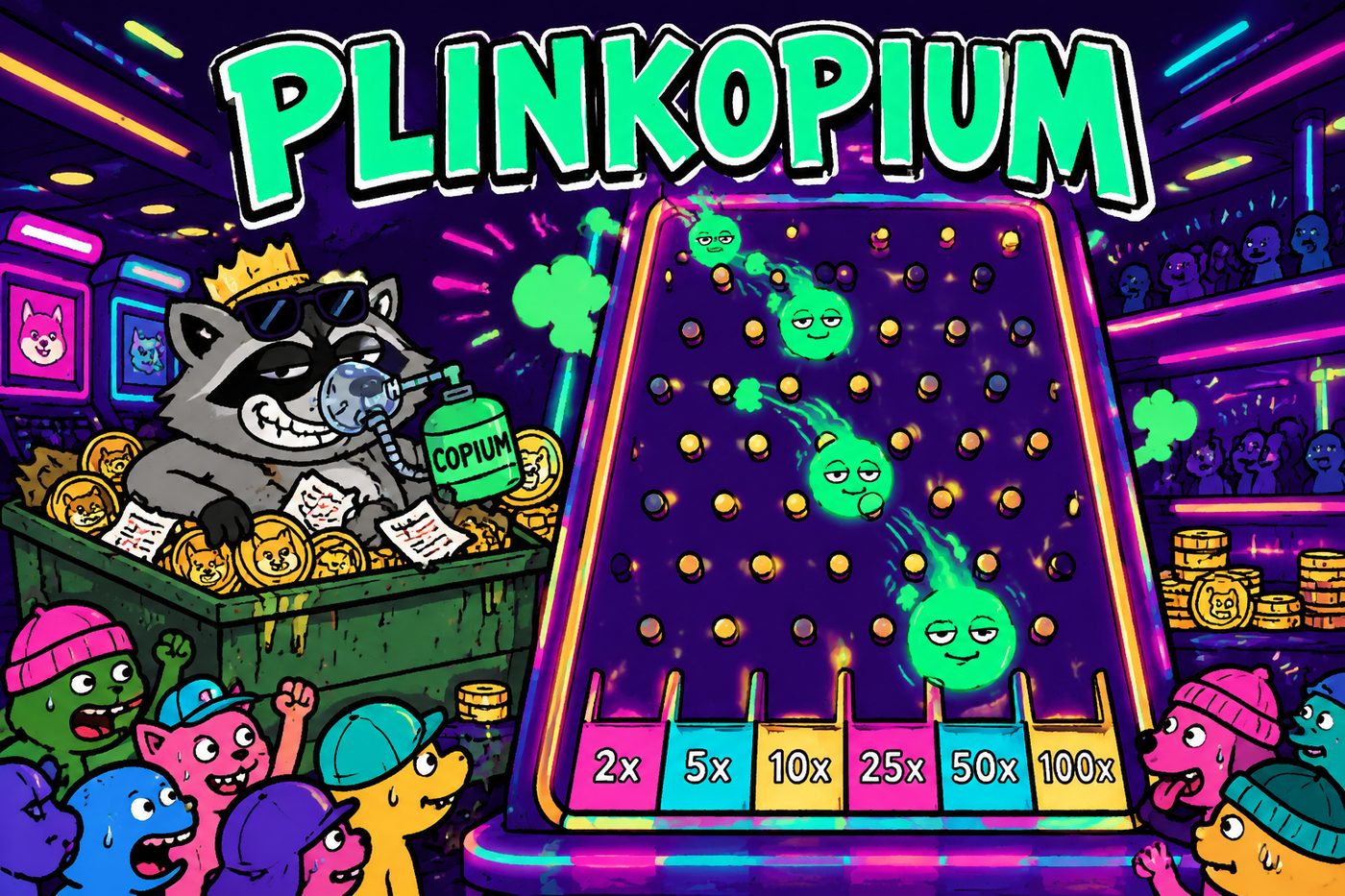 Plinkopium board: a coin bounces through pegs into bins