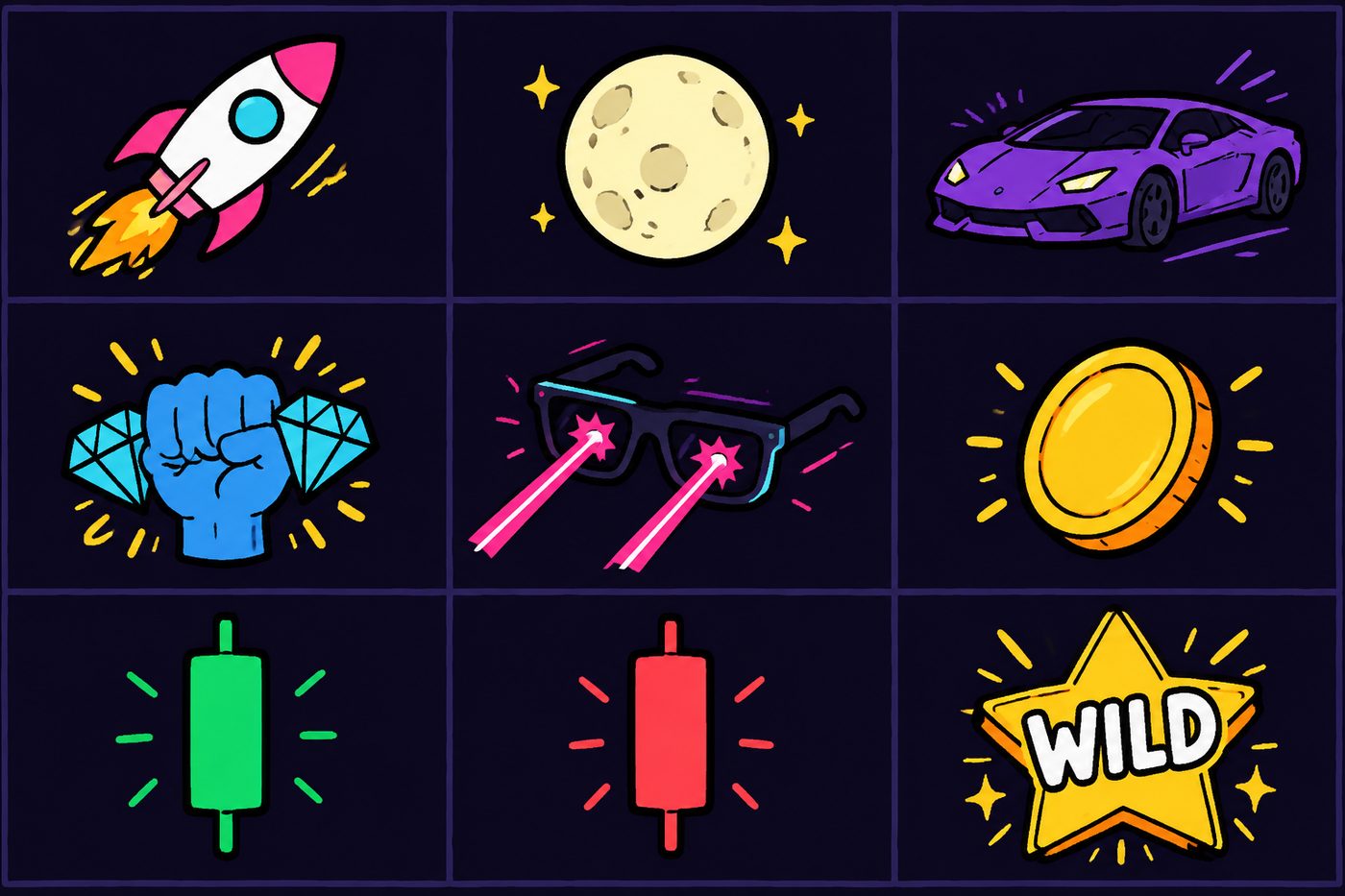 Wen Lambo symbols: rocket, moon, supercar, diamond fist, laser eyes, coin, green candle, red candle, wild