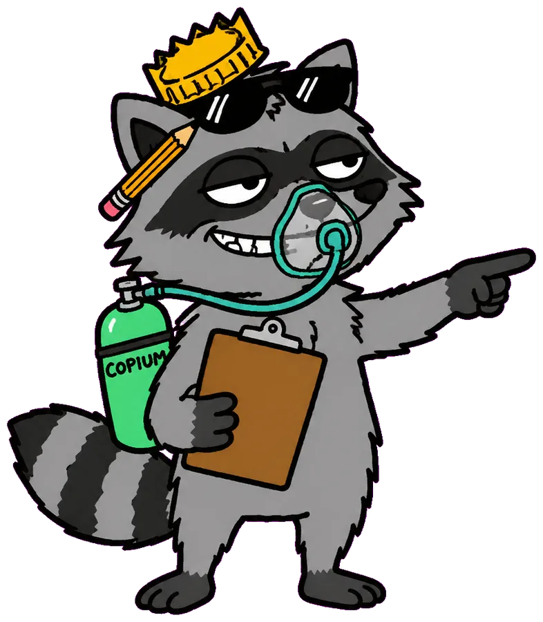 Rekt Raccoon digging a wallet out of the dumpster