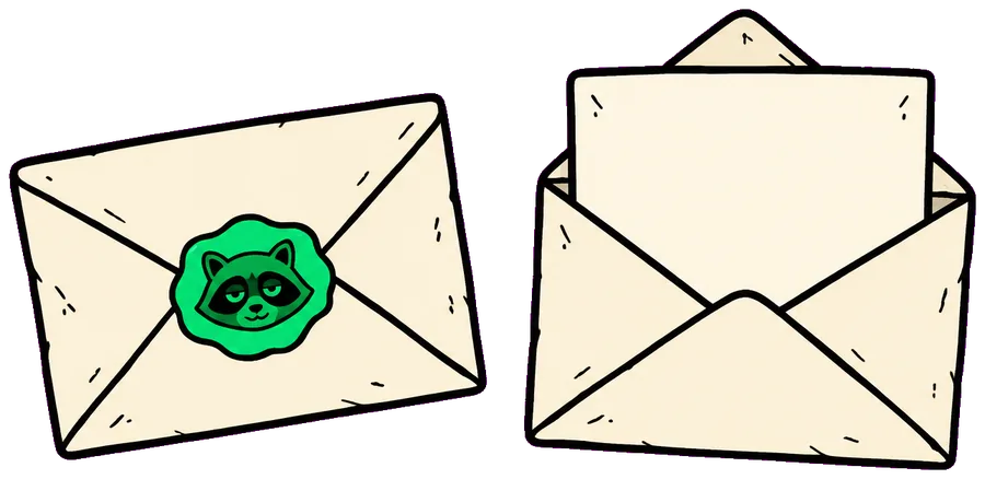 A sealed envelope with a wax raccoon seal