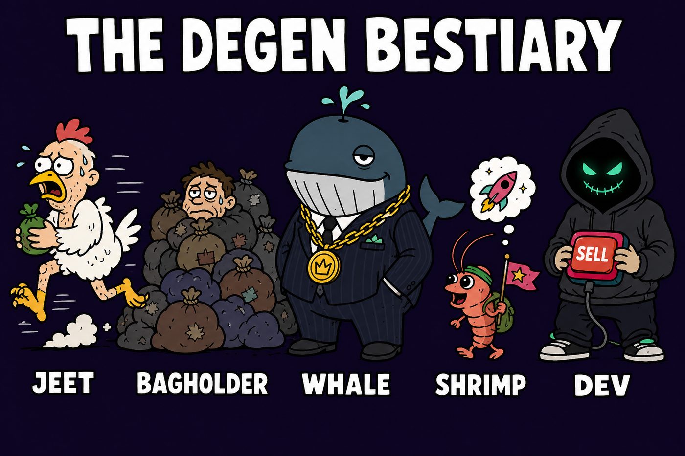 Bestiary line-up one: jeet, bagholder, whale, shrimp, dev