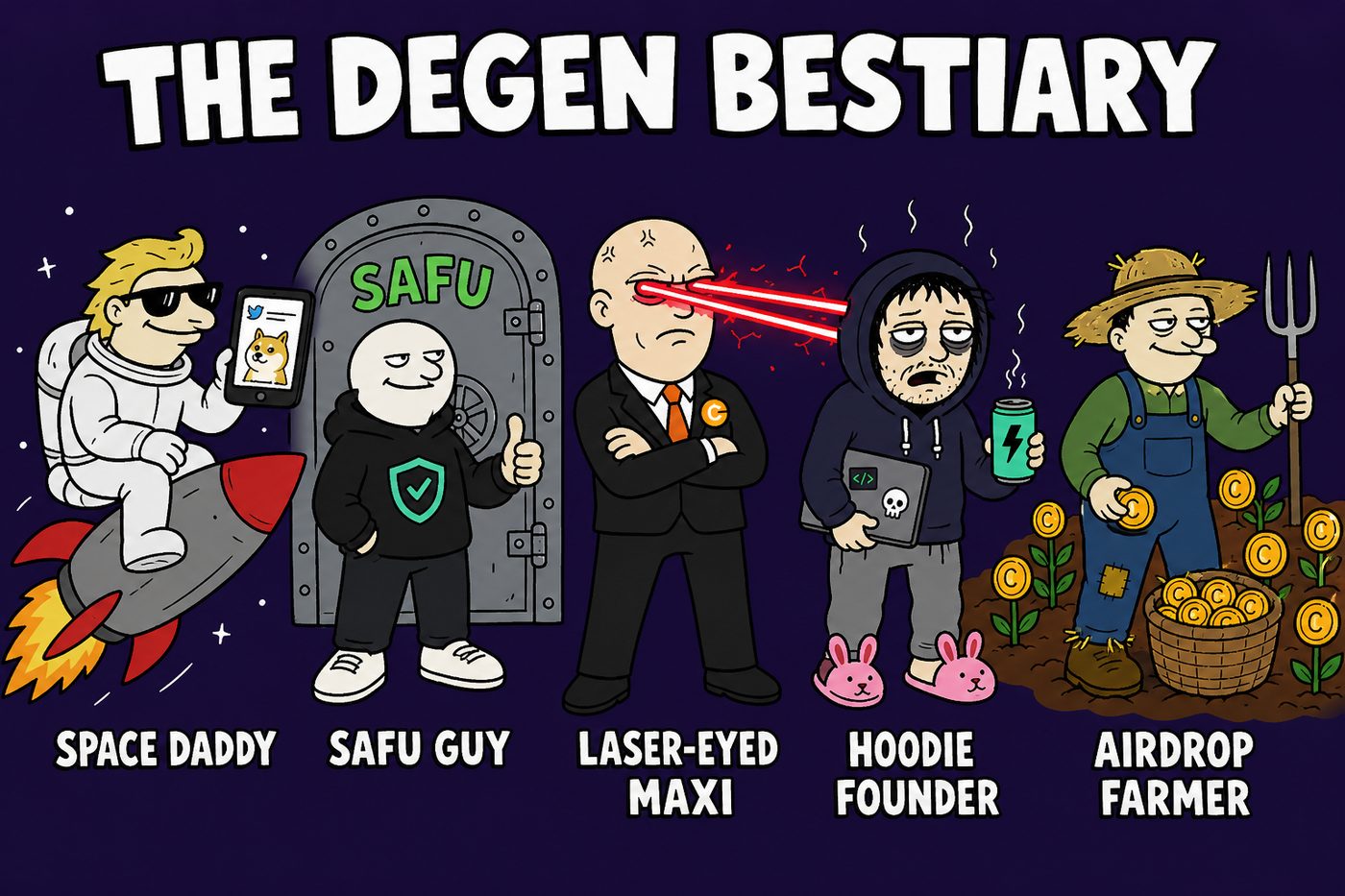 Bestiary line-up three: space daddy, SAFU guy, laser-eyed maxi, hoodie founder, airdrop farmer