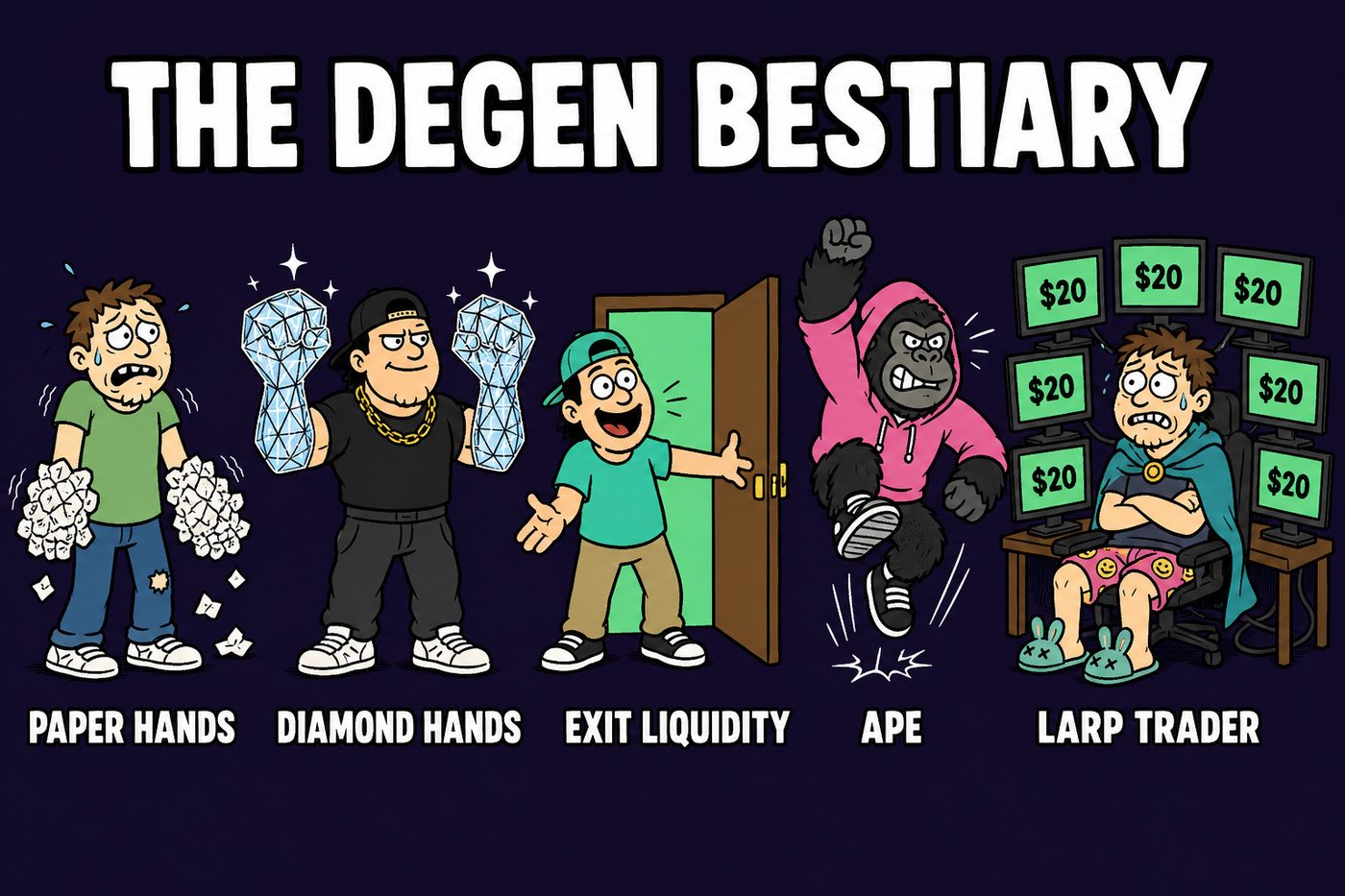 Bestiary line-up four: paper hands, diamond hands, exit liquidity, ape, LARP trader