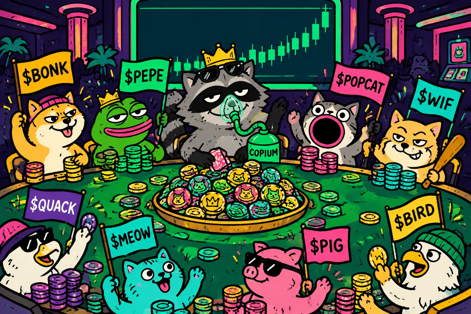 Frog, dog, cat and penguin memecoin clans storming the COPIUM tables
